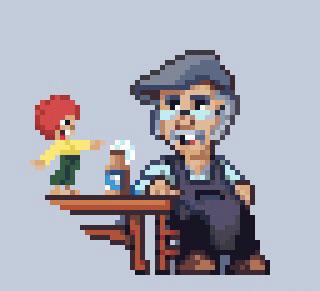 pixelart of the german 'Meister Eder' and his 'Pumuckl'